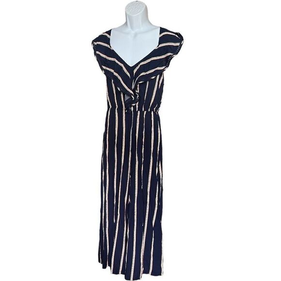 NWT Womens Xhiliration Navy Striped Empire Neckline Eyelet Detail Jumpsuit  Sz S - Picture 3 of 4